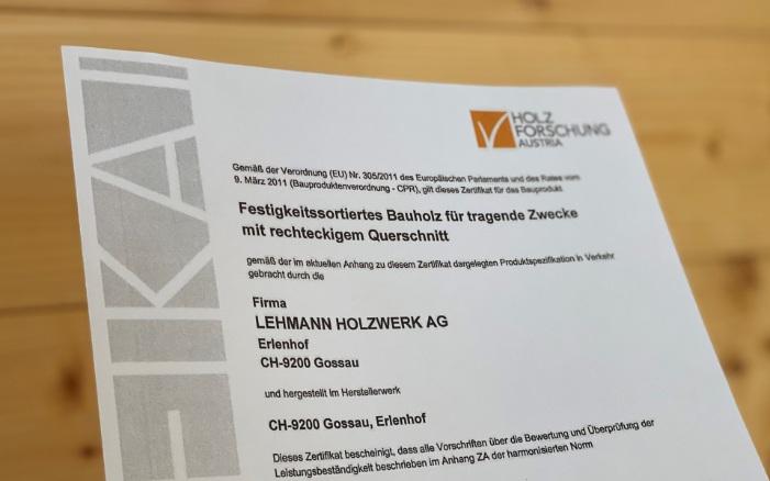 Zertifikat Festigkeitssortiertes Bauholz für tragende Zwecke mit rechteckigem Querschnitt