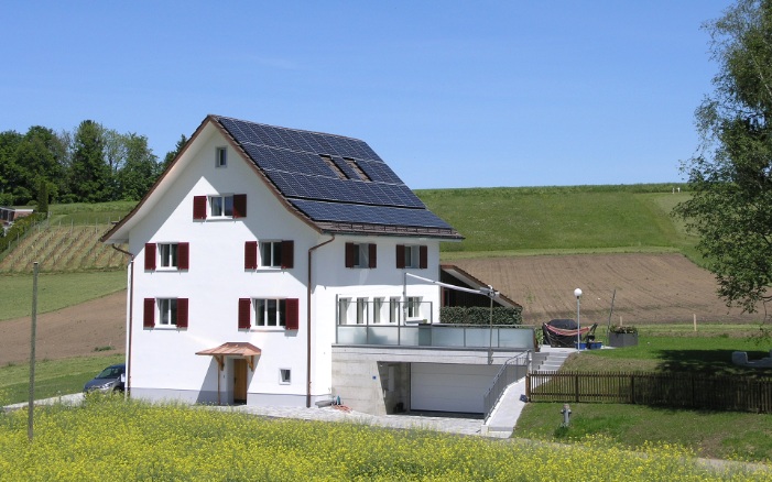 Frontaufnahme vom Einfamilienhaus mit einer umfassenden Sanierung inmitten einer begrünten Umgebung sowie einer weiten Blumenwiese vor dem Eingangsbereich bei schönem Wetter