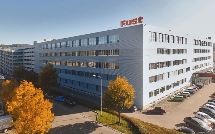 Overall view of the converted Fust logistics centre with new additional storey in wood element construction