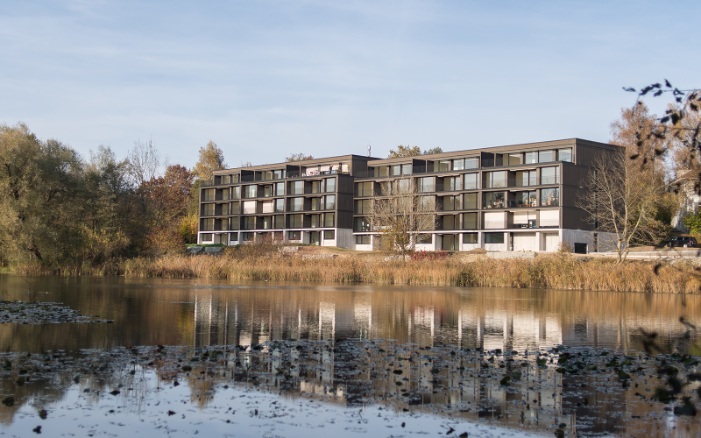 Die Mehrfamilienhäuser liegen direkt am Bildweiher in Kräzern. 