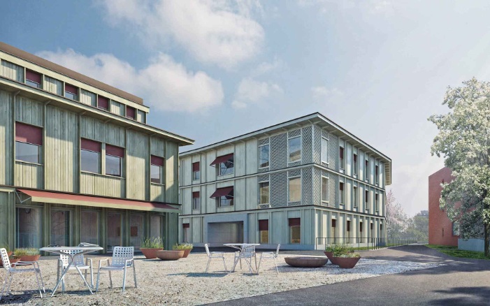 Vue d’ensemble des deux bâtiments avec l’école et la zone résidentielle de la Fondation Tanne pour les personnes sourdes et aveugles; visualisation