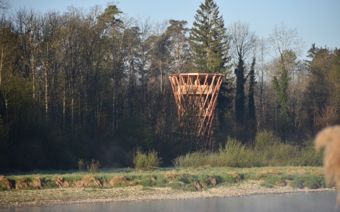 Beobachtungsturm im Naturparadies Thurauen bei Sonnenaufgang