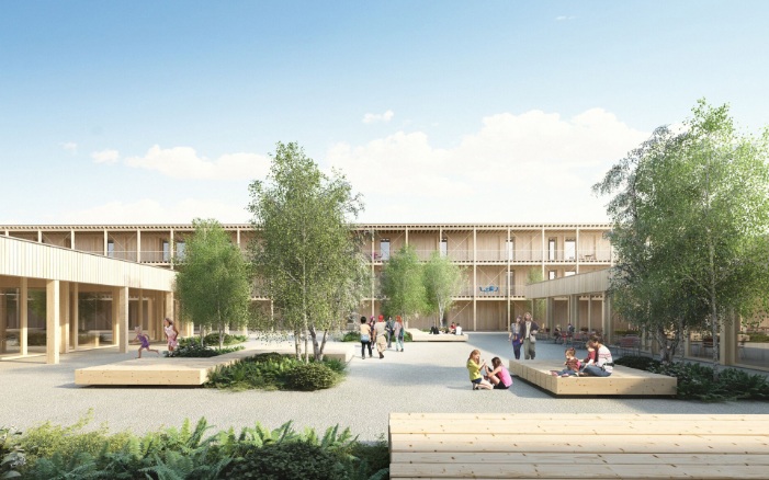 Rendering des Dorfplatzes und Gebäude des Bundesasylzentrums Altstätten