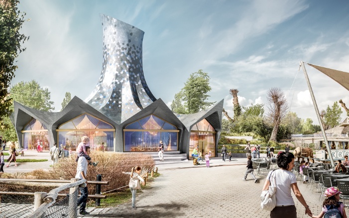 Le bâtiment pour l’événementiel en bois à formes libres du zoo pour enfants Knie possède la forme d’un chapeau de magicien.