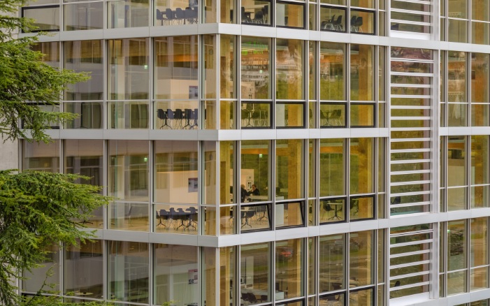 External view of the Omega office building with view of the interior office finishing and timber structure