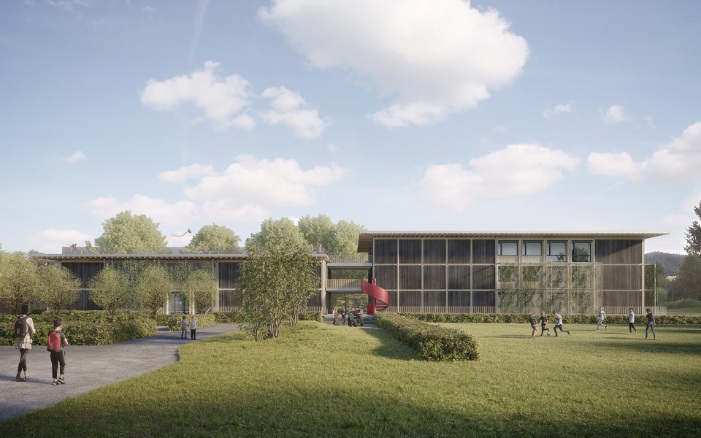 Visualisation of the two-part timber modular construction for the Schlossmatt school in Burgdorf