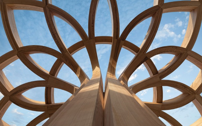 Structure en bois à formes libres en forme de tournesol.