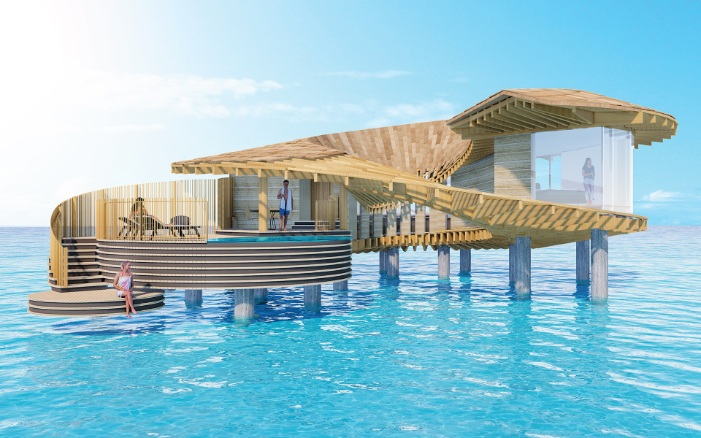 Coral Villa des Hotelkomplexes Ummahat Island Resort im Roten Meer, entworfen vom japanischen Architekten Kengo Kuma