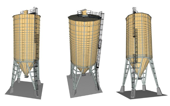 Visuel d’un silo dodécagonal en bois de 1000 m³ avec support en acier et escalier en acier, vu depuis trois perspectives différentes