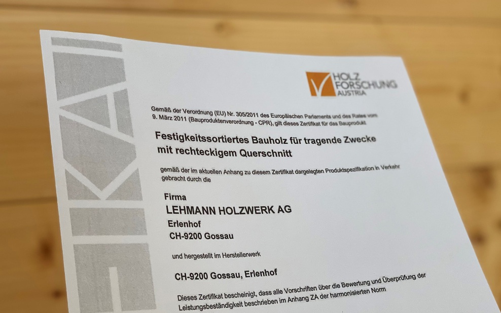 Zertifikat Festigkeitssortiertes Bauholz für tragende Zwecke mit rechteckigem Querschnitt