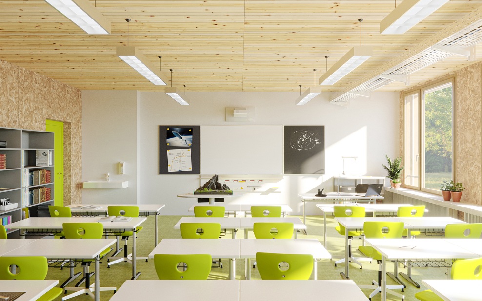 möbliertes Klassenzimmer und Inneneinrichtung der Schule in Holzmodulbauweise