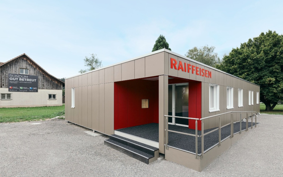 Temporärer Büropavillon für Bankenprovisorium in Holzmodulbauweise