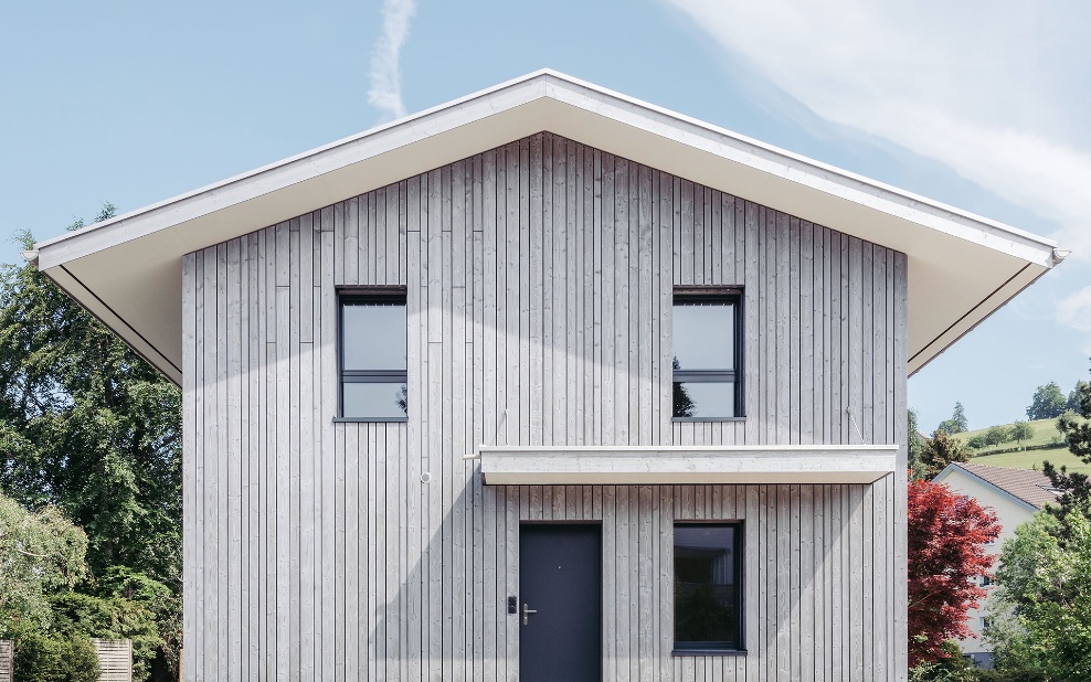 Vue extérieure de la maison individuelle: beaucoup de bois en différentes structures et couleurs.