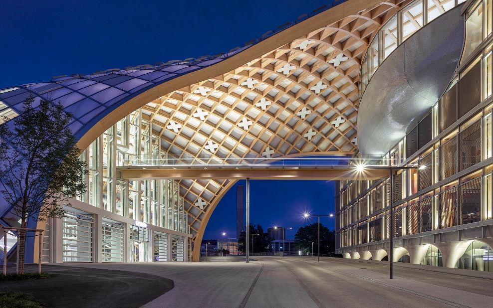 View of the impressive timber lattice structure on the Swatch office building