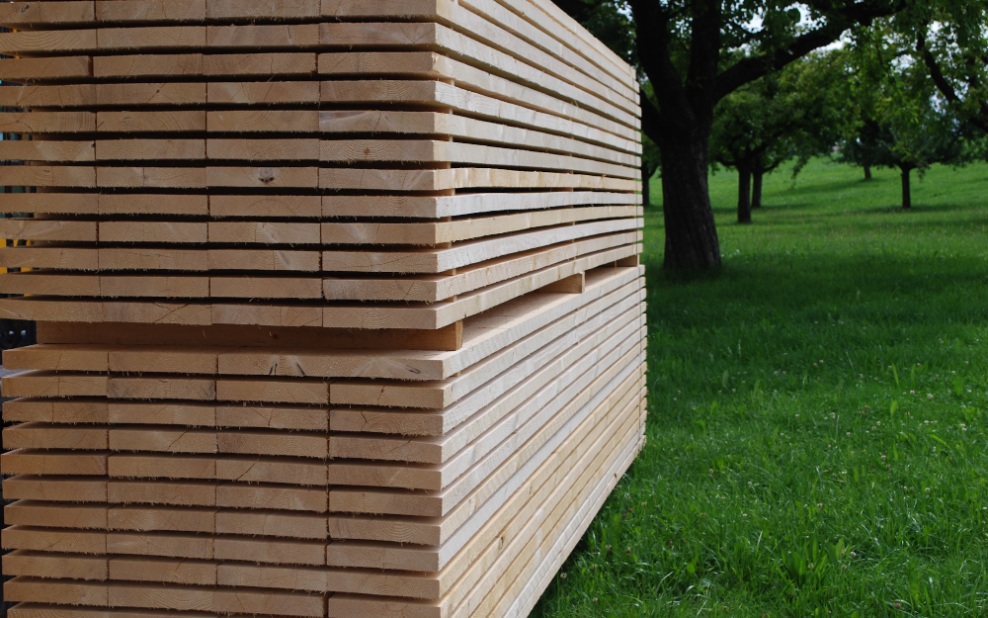 Pile de planches d’échafaudage dans une prairie avec des arbres en arrière-plan