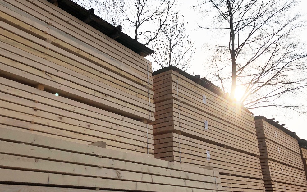 Stack of sawn timber with the sun and trees in the background