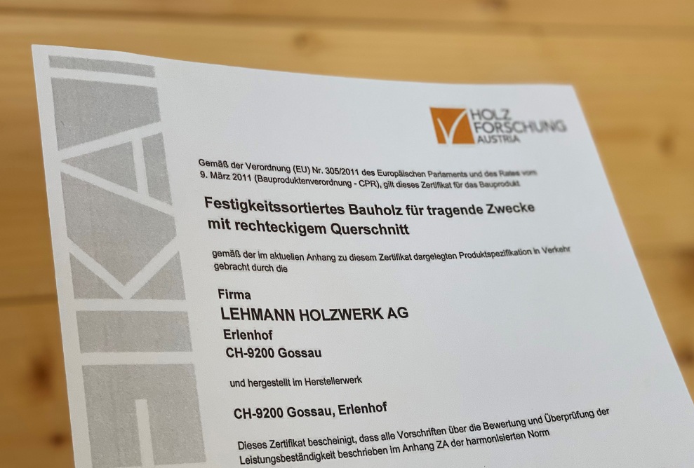 Zertifikat Festigkeitssortiertes Bauholz für tragende Zwecke mit rechteckigem Querschnitt