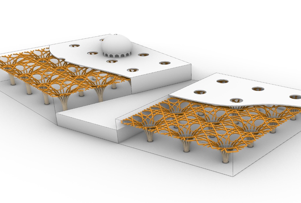 Le modèle paramétrique de la mosquée de Cambridge avec raccords et interfaces, en blanc et orange