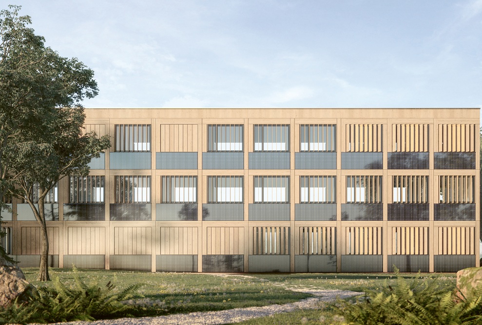 Les éléments de façade protègent et donnent du cachet à l’école réalisée par construction modulaire en bois