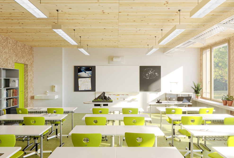 Salle de classe meublée et intérieur de l’école en construction modulaire en bois