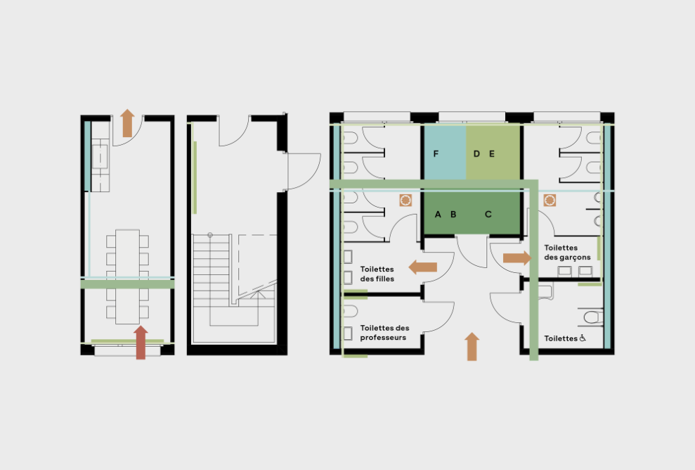 La salle des professeurs, la cage d’escalier, les sanitaires et le local technique forment les espaces d’infrastructure