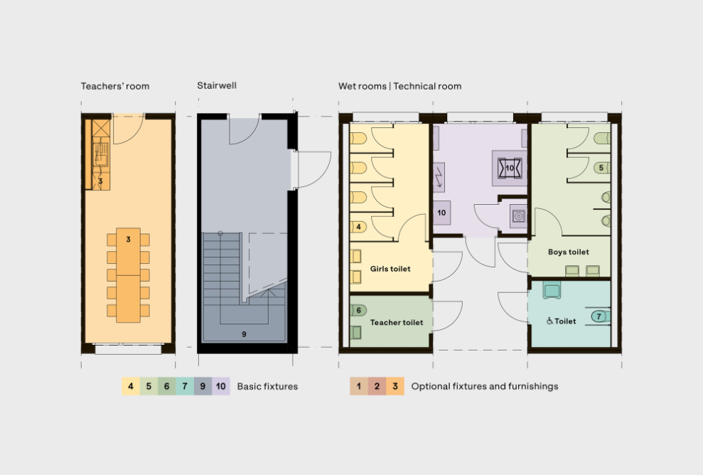 Staff room, stairwell, wet rooms and plant rooms form the infrastructure areas