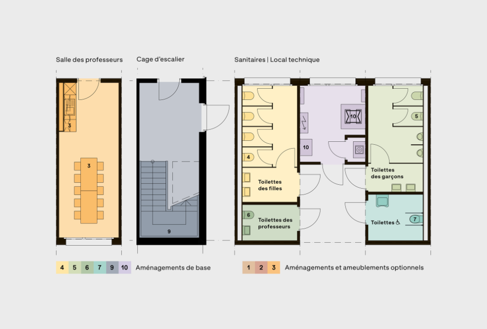 La salle des professeurs, la cage d’escalier, les sanitaires et le local technique forment les espaces d’infrastructure
