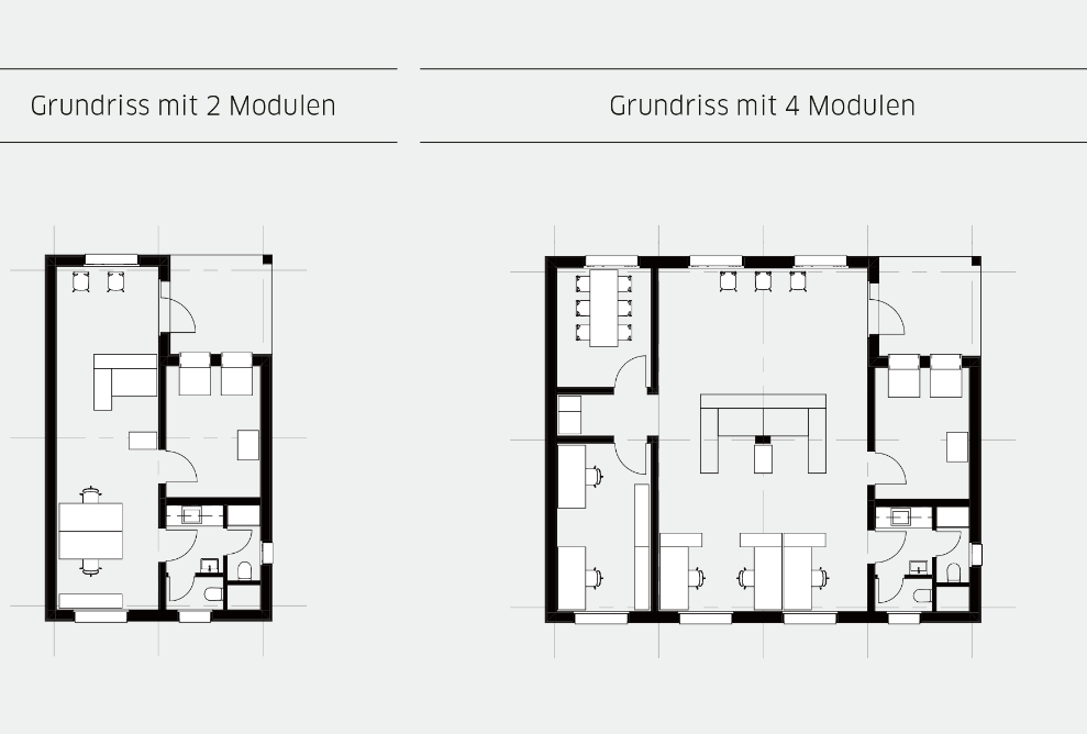 Holzmodul-Pavillon in verschiedenen Standardgrössen und Grundrissgestaltungen