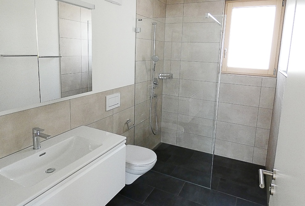 Blick in das moderne Badezimmer mit schwarzem Plattenboden, sandfarbenen Wänden und weissen Installationen 
