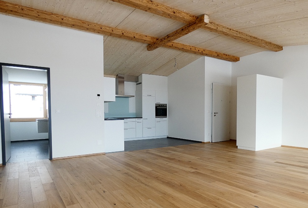 View of the open-plan kitchen incorporating the living/dining area and through the open door into the bathroom