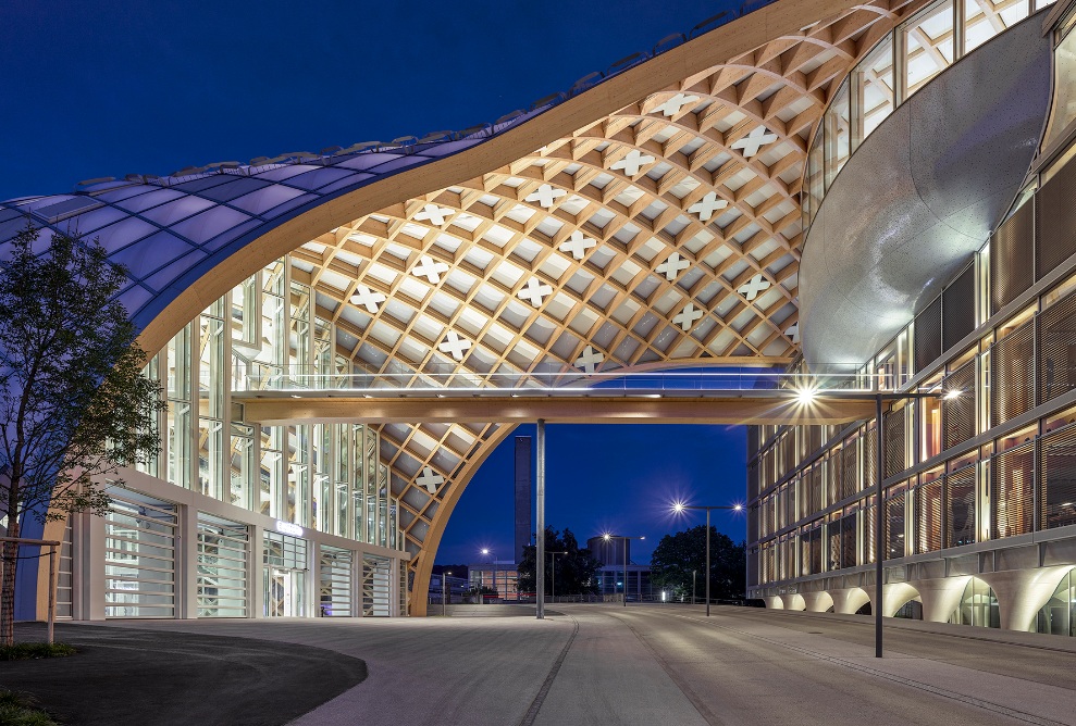 View of the impressive timber lattice structure on the Swatch office building