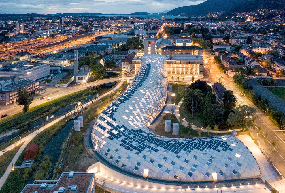 Bird’s-eye view of the 240-metre-long Swatch office building at night