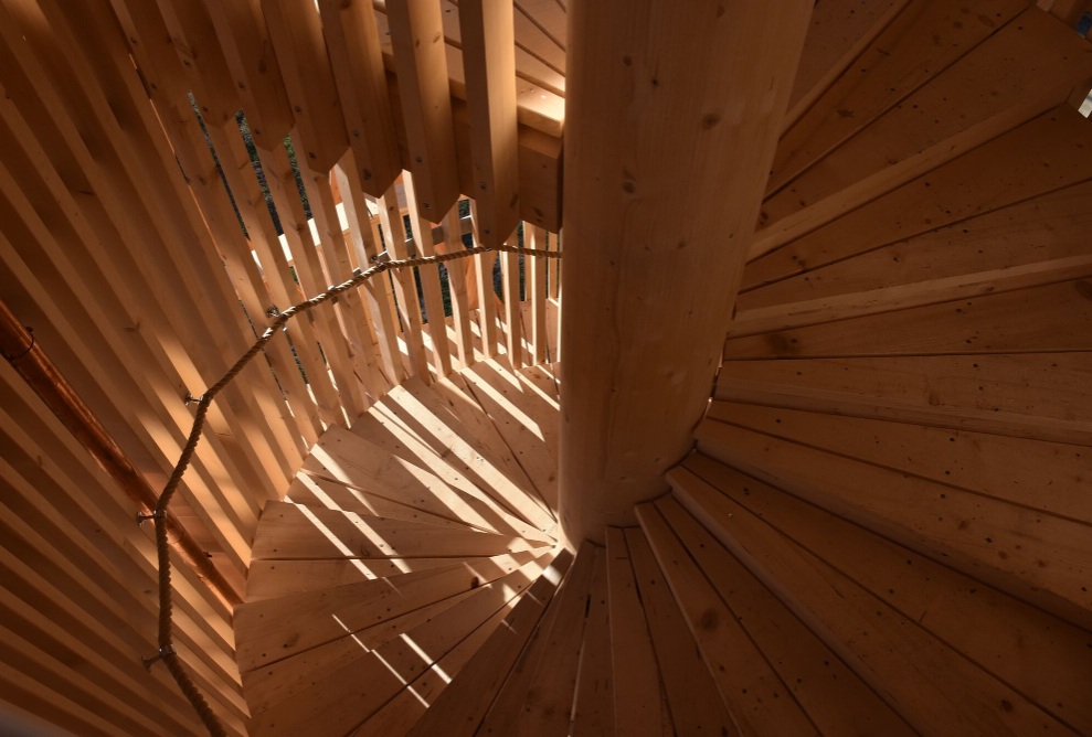 Detailaufnahme der spiralförmigen Holztreppe mit Seilgeländer im Inneren des Thurauen-Beobachtungsturms von Blumer Lehmann