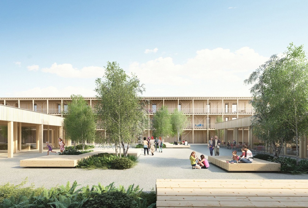 Courtyard sand building at the federal asylum centre in Altstätten, rendering