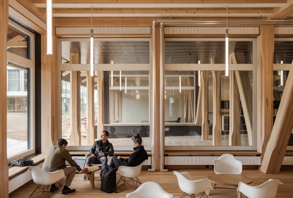 Lounge area in the interior of the HORTUS office building in Basel.
