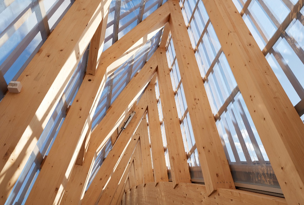 Detailaufnahme der Dachstruktur aus Holzbalken, welche mit Glasscheiben überzogen sind und dadurch viel Licht in das Gebäude bringen