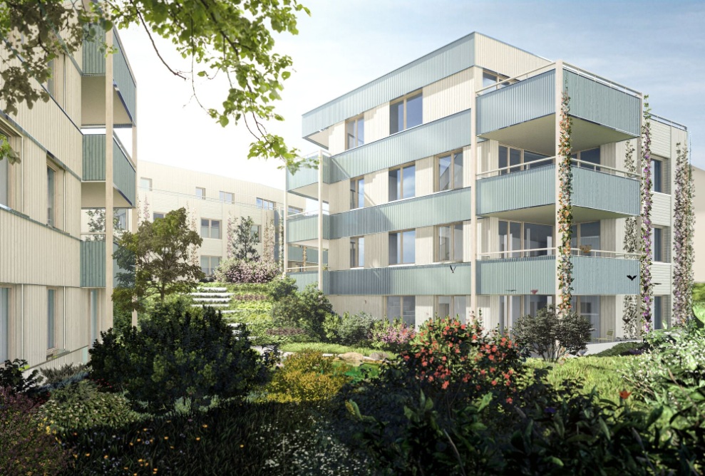 Holzfassade der Wohnhäuser der Klimasiedlung Augarten 