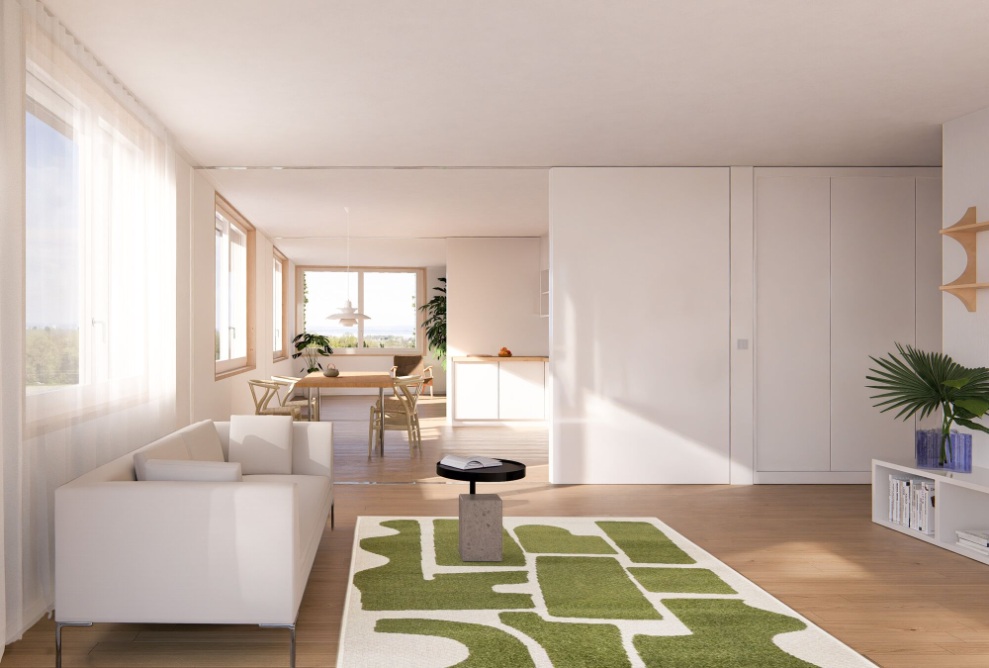 Visualisierung des Wohnbereichs einer Wohnung in der Klimasiedlung Augarten
