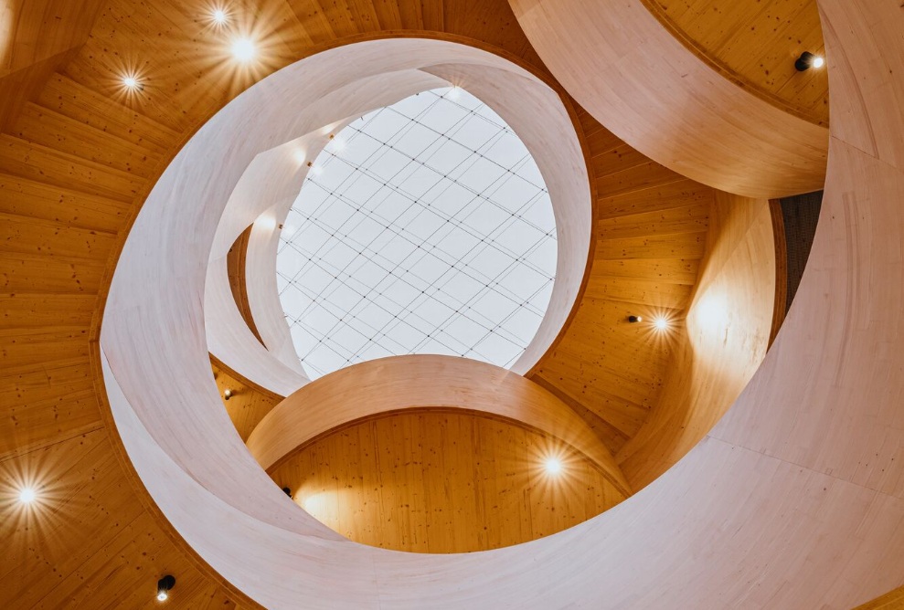 View of the atrium with staircase from below