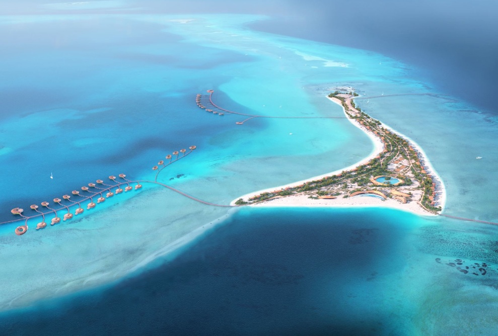 Luftaufnahme des Hotelkomplexes Ummahat Island Resort im Roten Meer, entworfen vom japanischen Architekten Kengo Kuma<br/><br/>