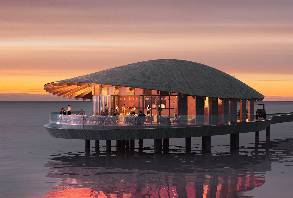 Restaurant des Hotelkomplexes auf dem Ummahat Island Resort im Roten Meer, entworfen vom japanischen Architekten Kengo Kuma