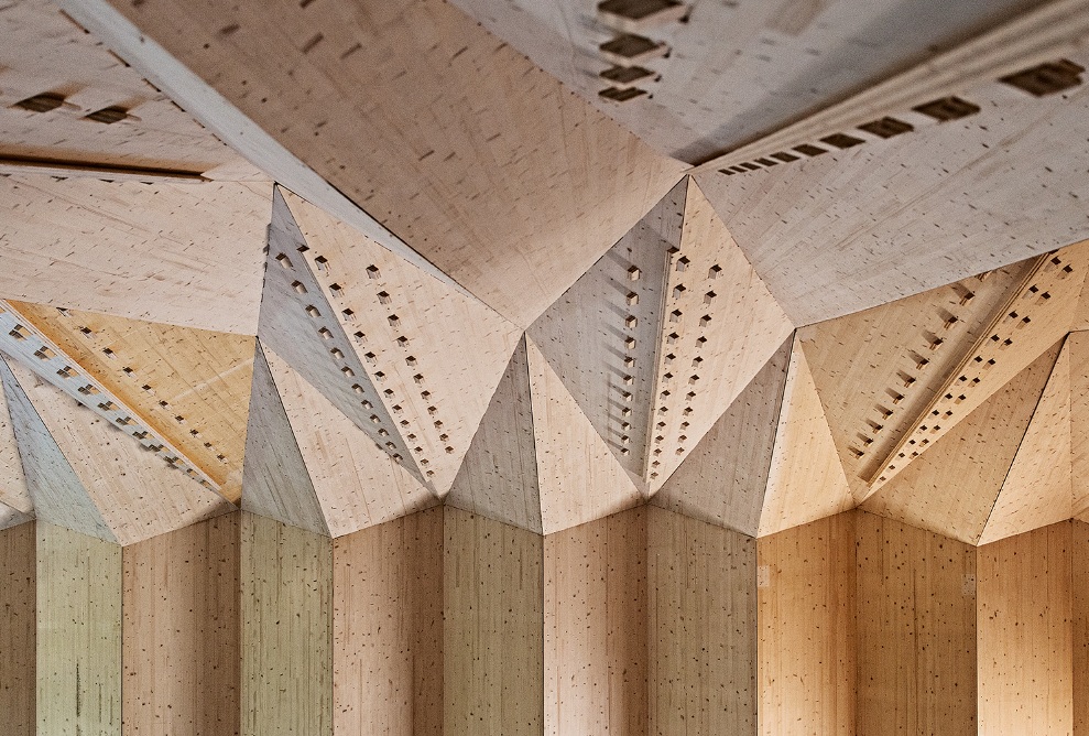 View of special wooden detail in the ceiling area of the theatre before painting.