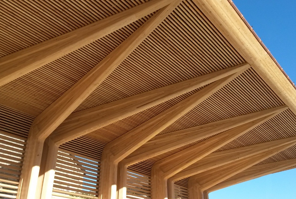 Vue de la structure du toit de la tribune avec ciel bleu.