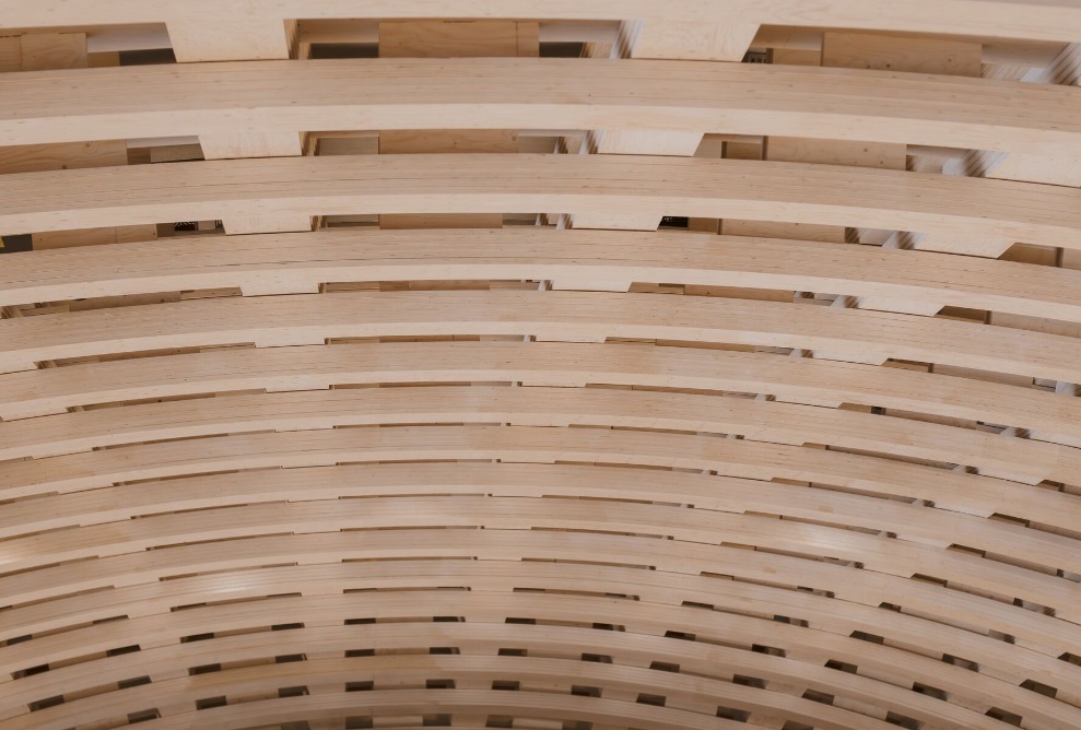Interior view of the free-form roof structure of the Wisdome Stockholms