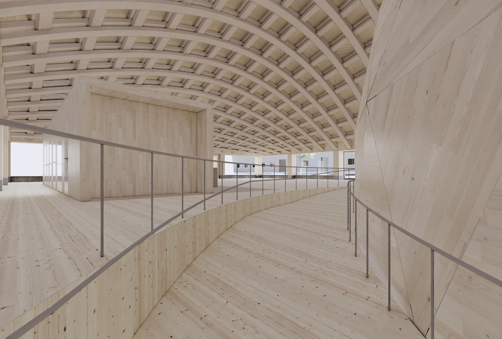 Innenansicht des Holzgebäudes mit dem Dachgitterrost