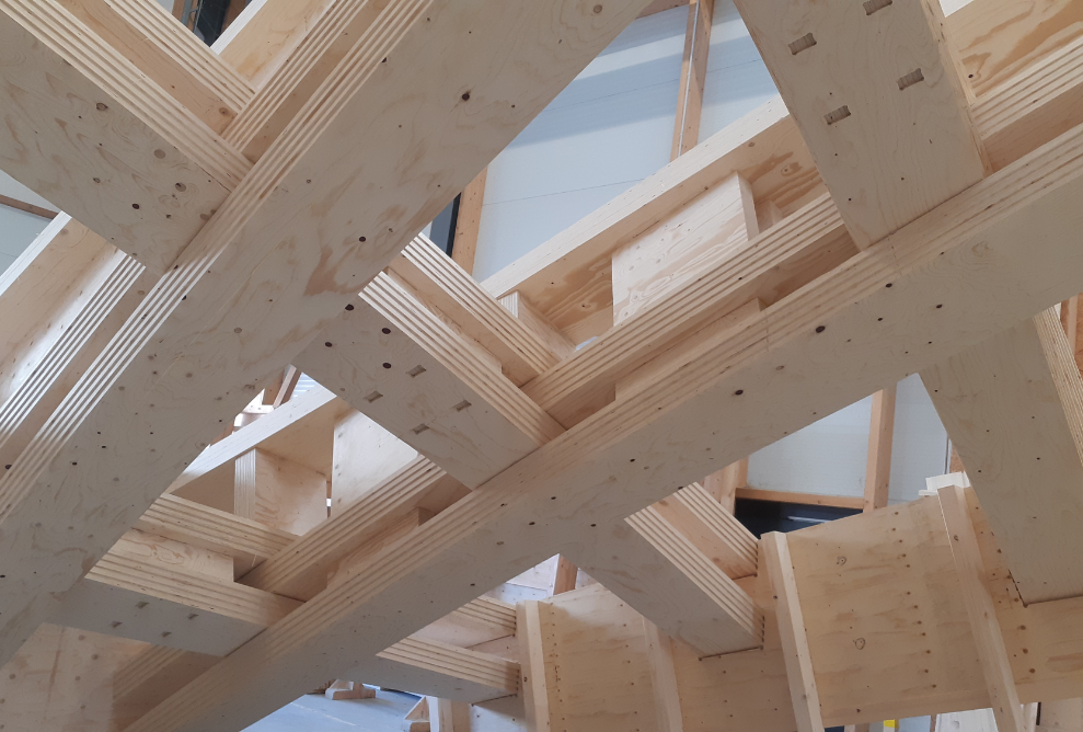 Grid for the roof support structure made with laminated veneer strips.