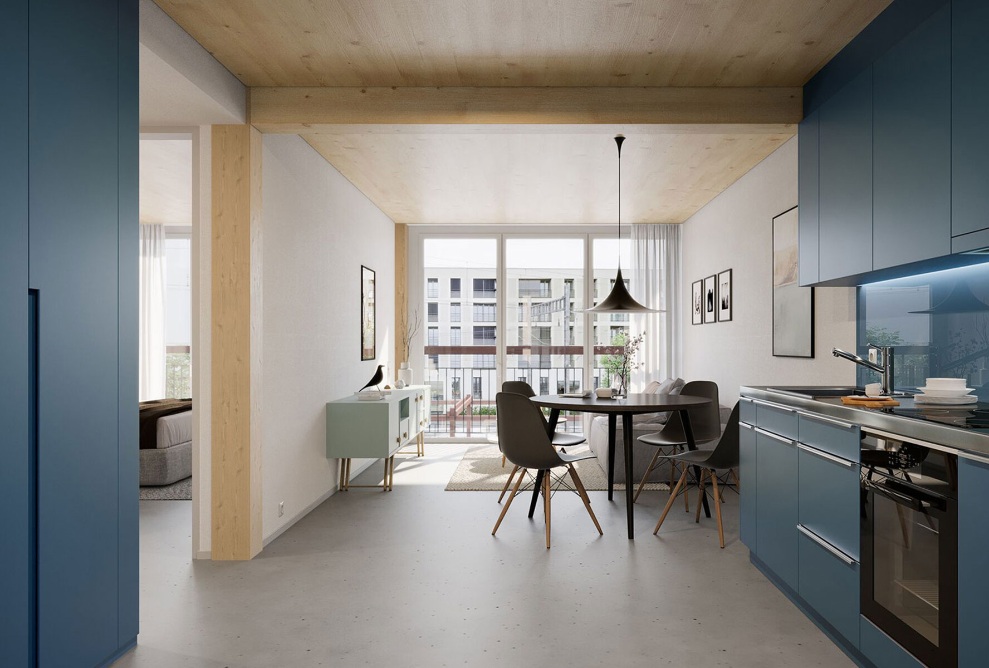 Offene Küche und Wohnbereich einer Kleinwohnung in «Baggiwood»