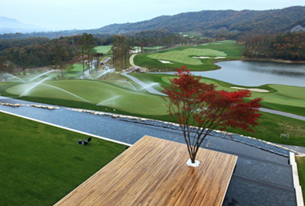 Vue de la terrasse sur le terrain de golf très bien entretenu.