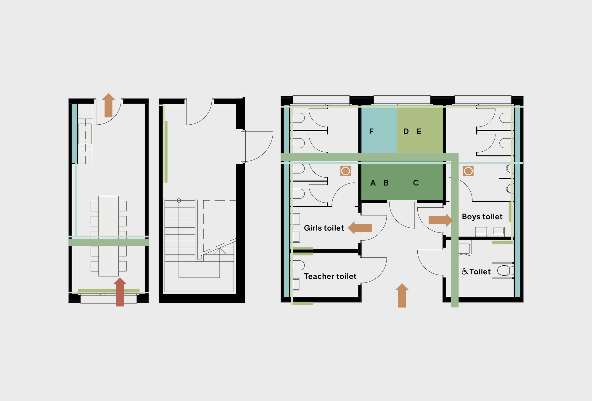 Staff room, stairwell, wet rooms and plant rooms form the infrastructure areas