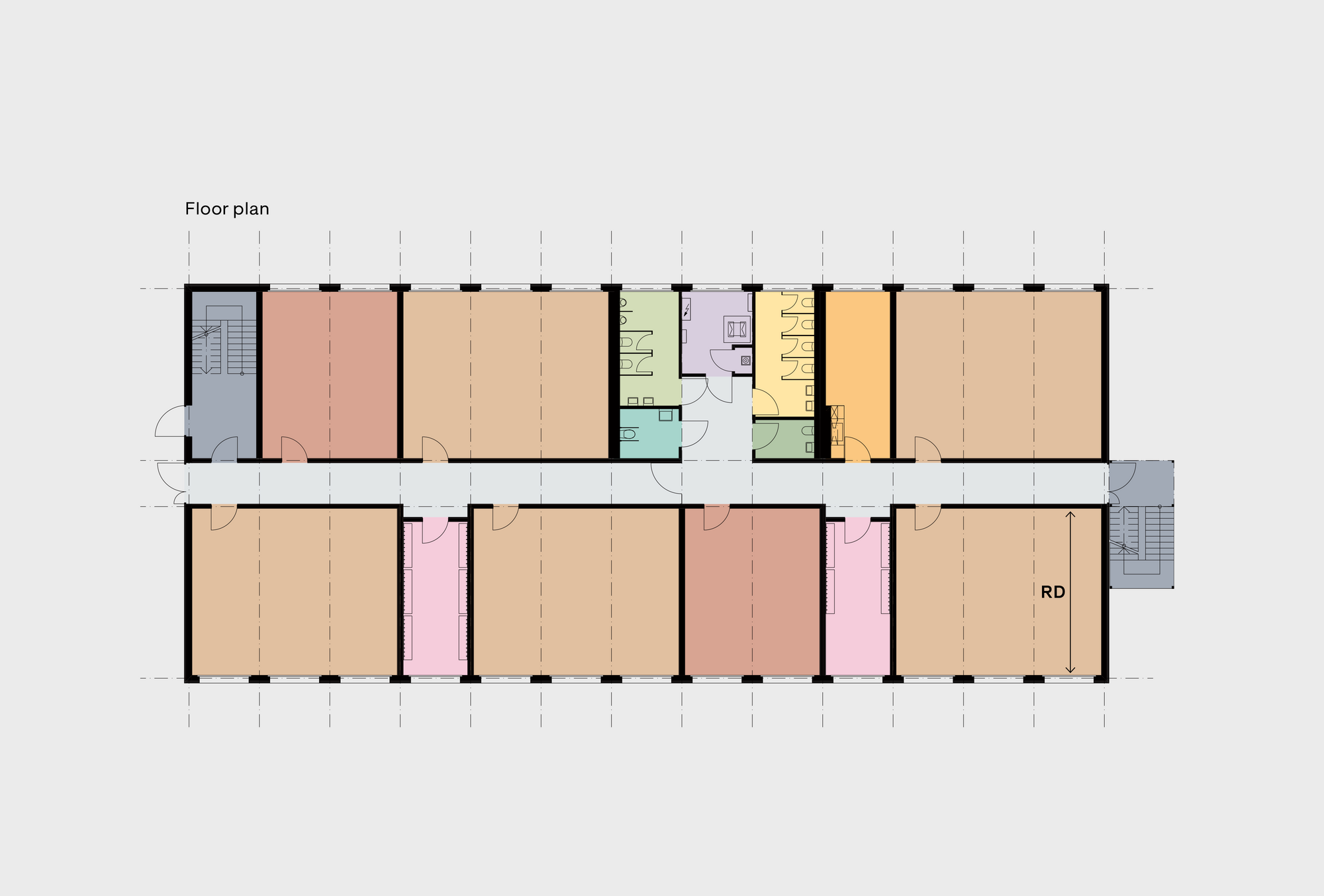 Floor plan of the large base model with several primary spaces and infrastructure areas in timber construction